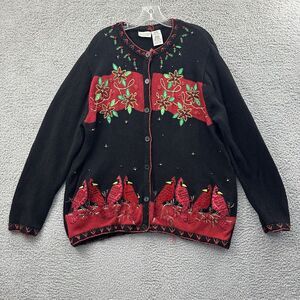 Vintage‎ White Stag Knit Cardigan Sweater Cardinal Embroidered Beaded W 18W 20W